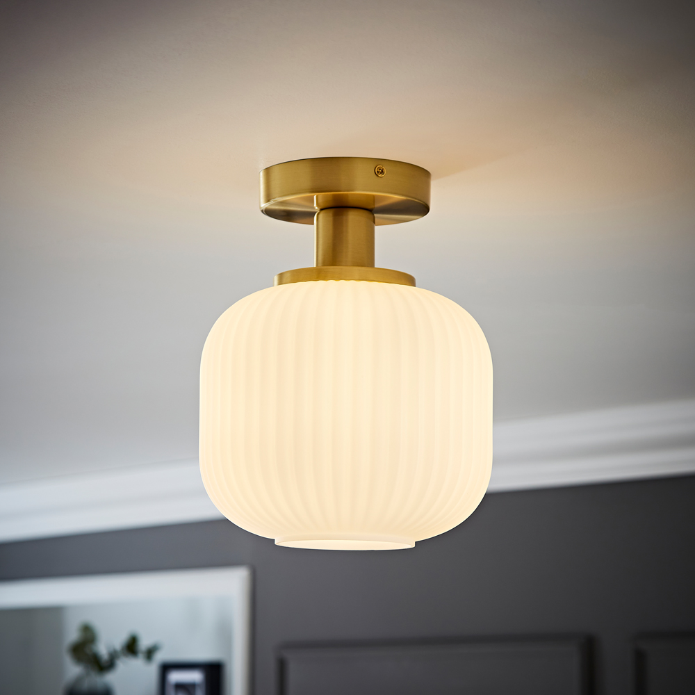 ValueLights Calpe Opal Frosted Shade Gold Stem LED Flush Ceiling Light Image 2
