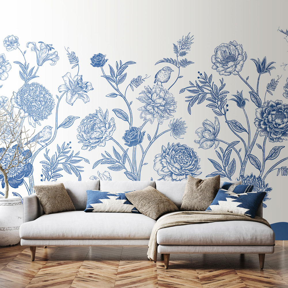Origin Murals Jacobean Rose Trail Blue Wall Mural Image 1