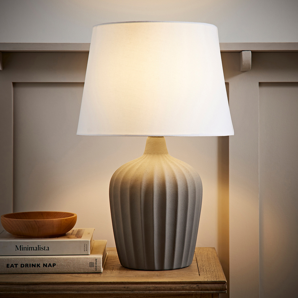 ValueLights Serena Natural Tapered Linen Lamp Shade Ribbed Ceramic Grey LED Table Lamp Image 2