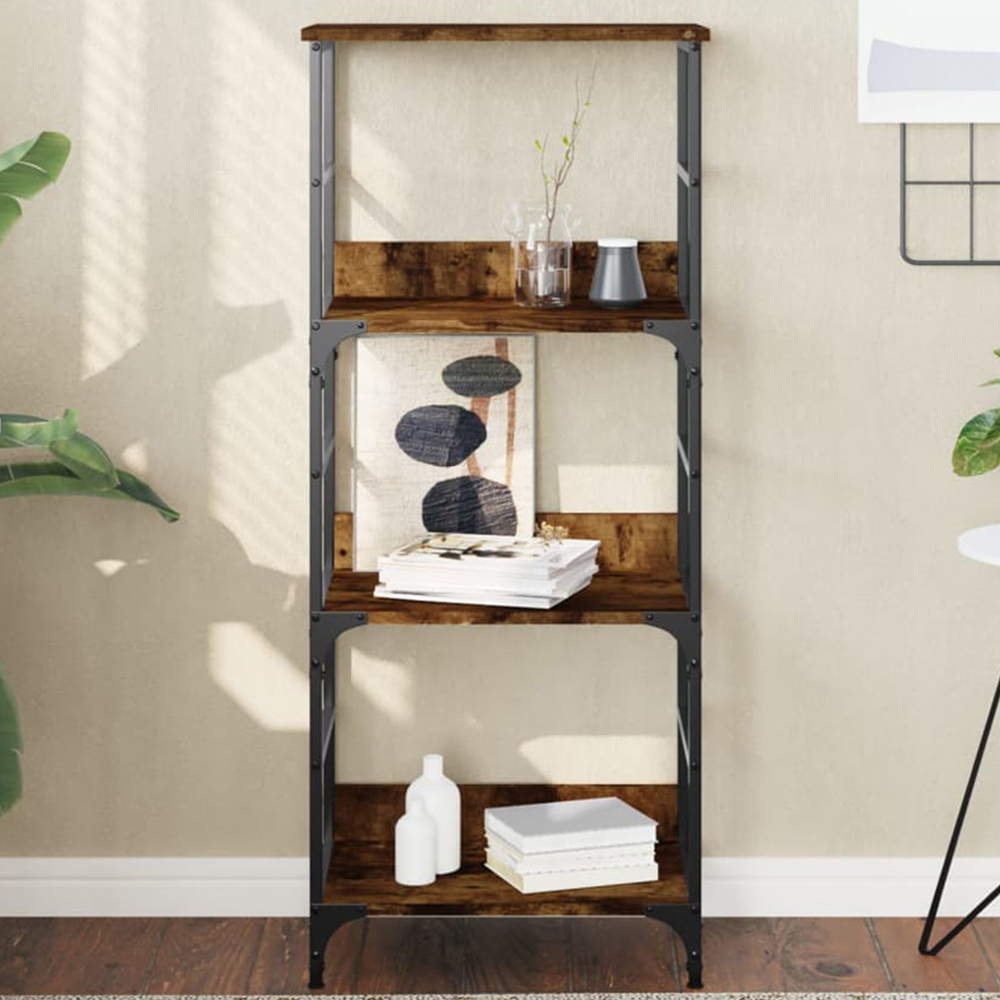 vidaXL 3 Shelf Smoked Oak Wood and Steel Bookcase Image 1