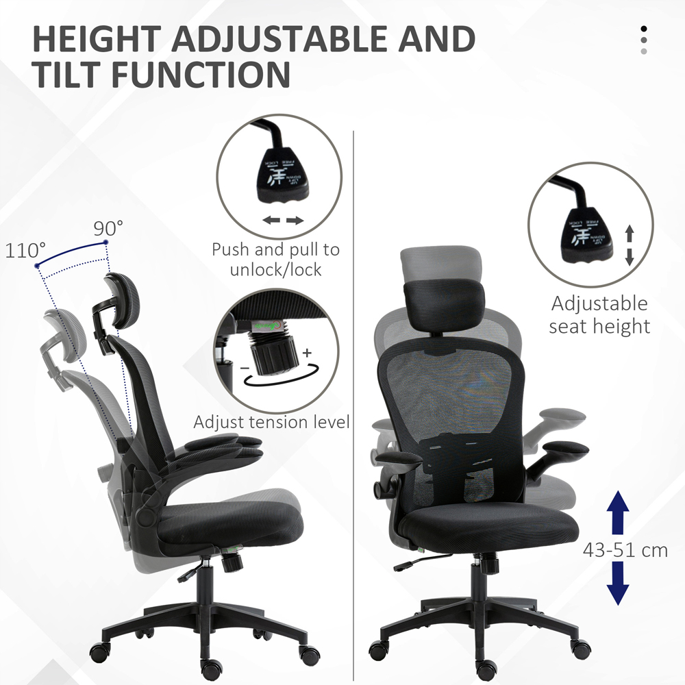Vinsetto Black Ergonomic Mesh Office Chair with Headrest Image 5