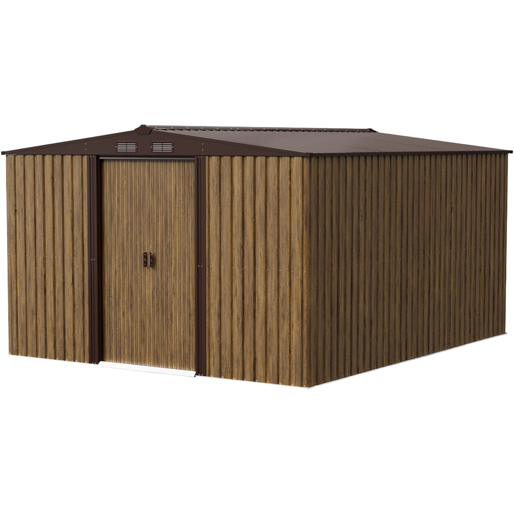 Living and Home 12 x 10ft Brown Wood Grain Metal Apex Garden Storage Shed with Foundation Image 2