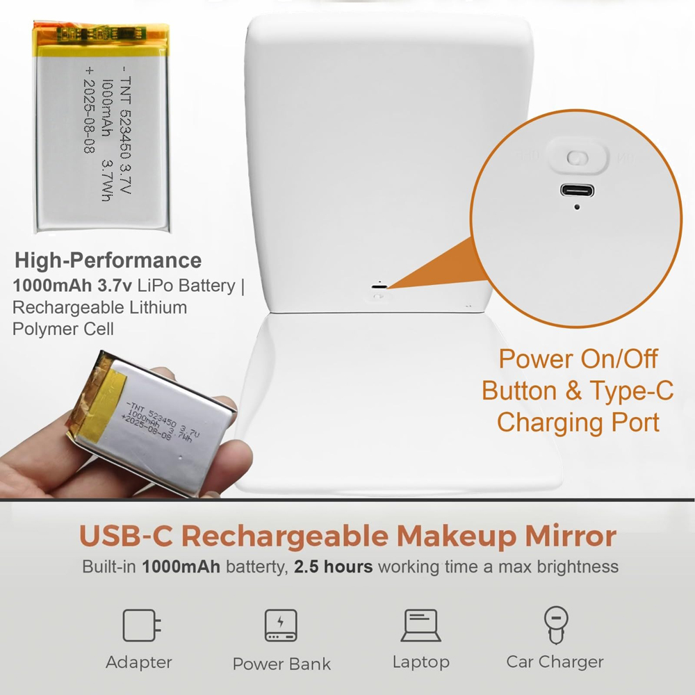 ATEK White Rechargeable LED Touch Control Makeup Mirror Image 4