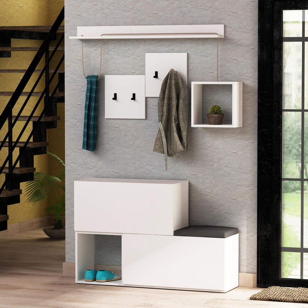 Decortie Holdon 2 Door 2 Shelf 4 Hooks White Shoe Cabinet with Hanging Rail and Bench Image 6