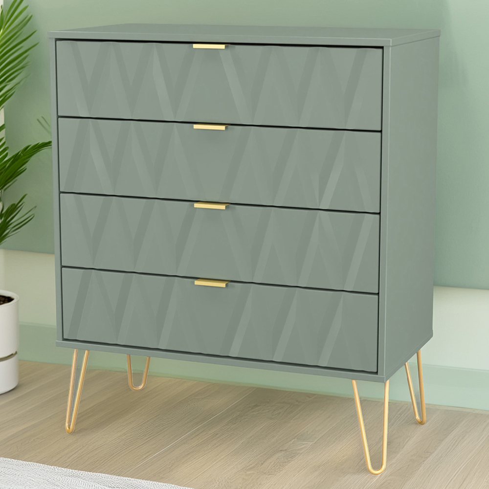 Crowndale Diamond 4 Drawer Reed Green Chest of Drawers Ready Assembled Image 1