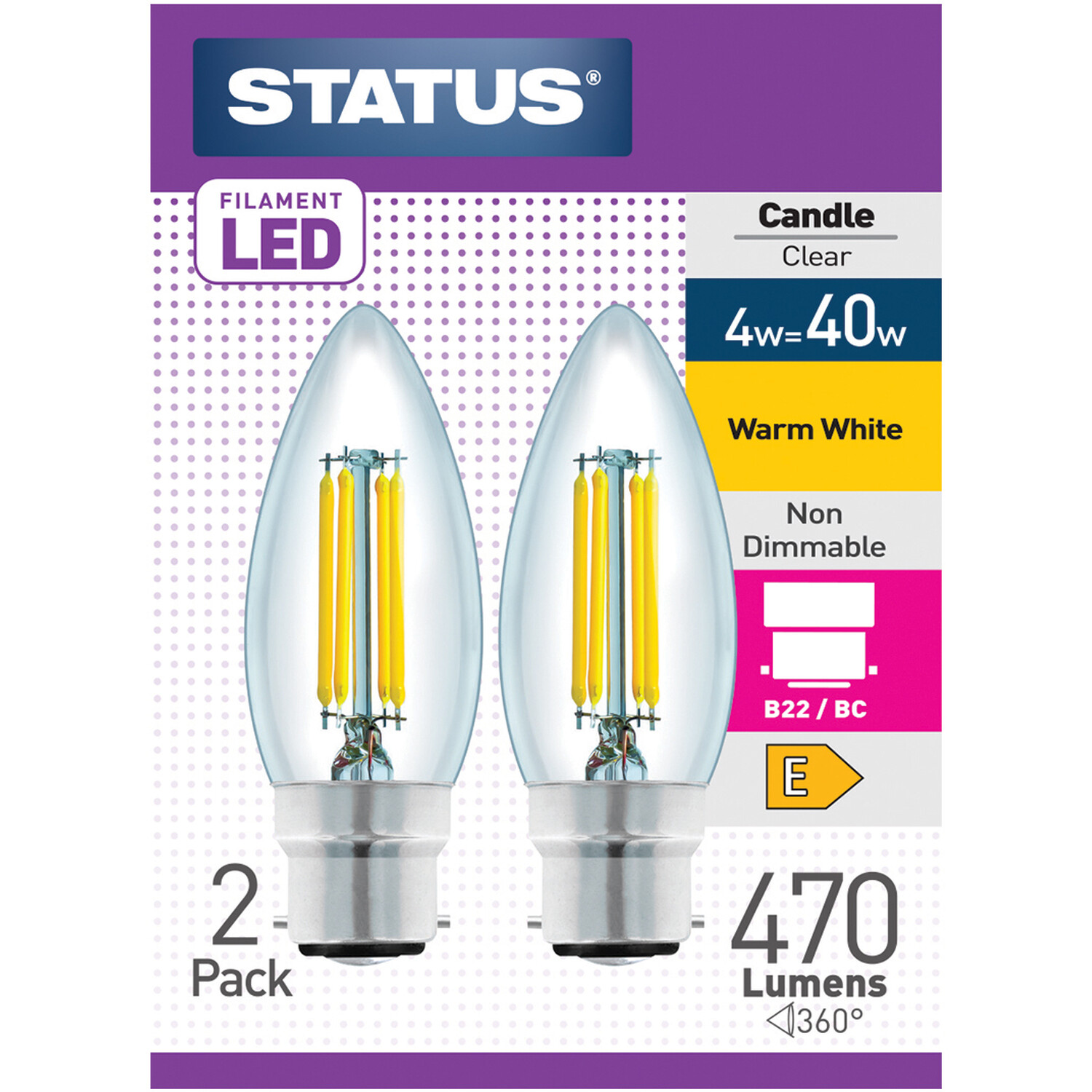 Pack of 2 Status 4W Filament LED Candle Lightbulbs - Bayonet Cap / BC Image 1
