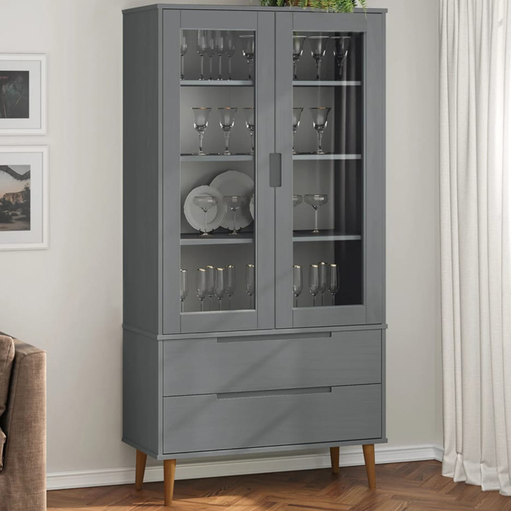 vidaXL 2 Door 2 Drawer 4 Shelf Grey Solid Pine Wood Vitrine Cabinet Image 1