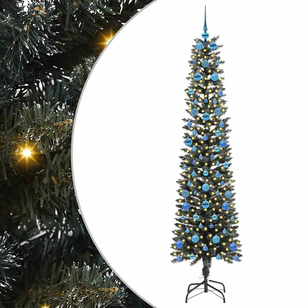 vidaXL Pre-Lit Blue Baubles Green Artificial Christmas Tree 7ft Image 2