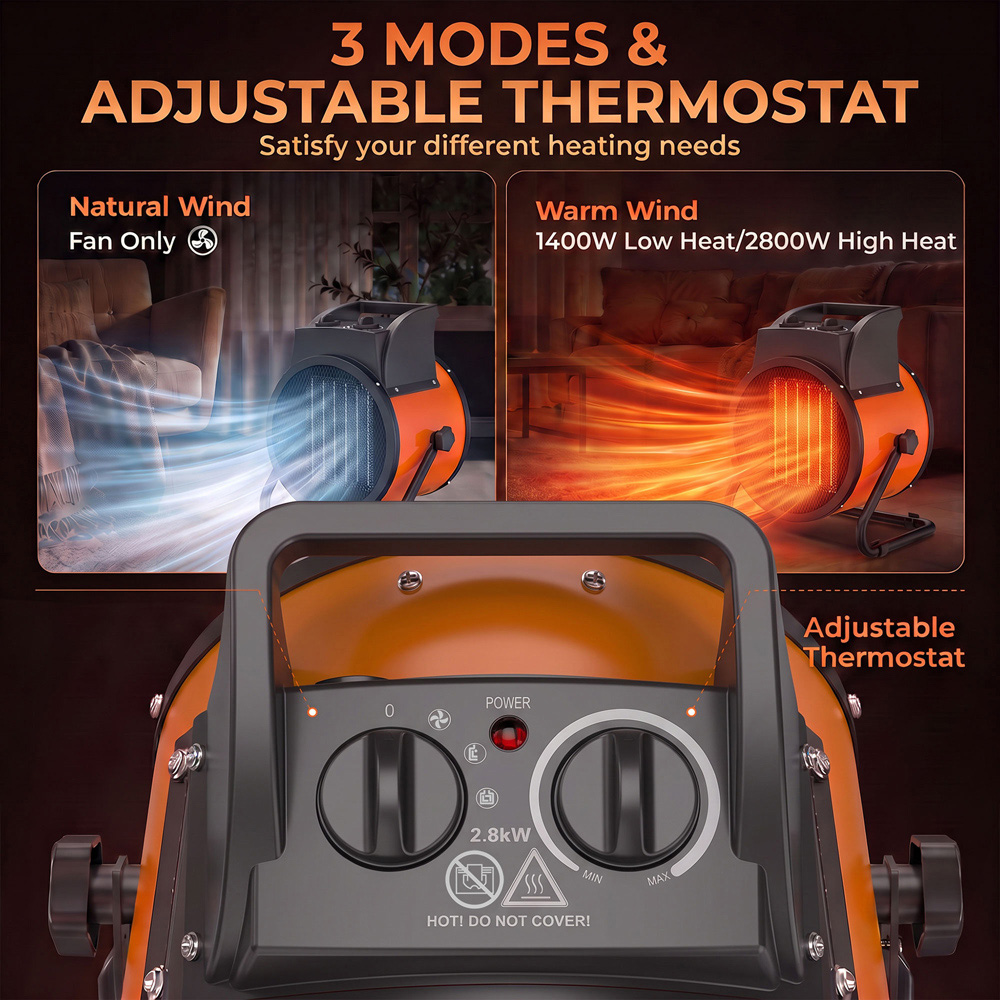 Outsunny Orange Tiltable Industrial Fan Heater with Adjustable Thermostat 9554BTU 2800W Image 5
