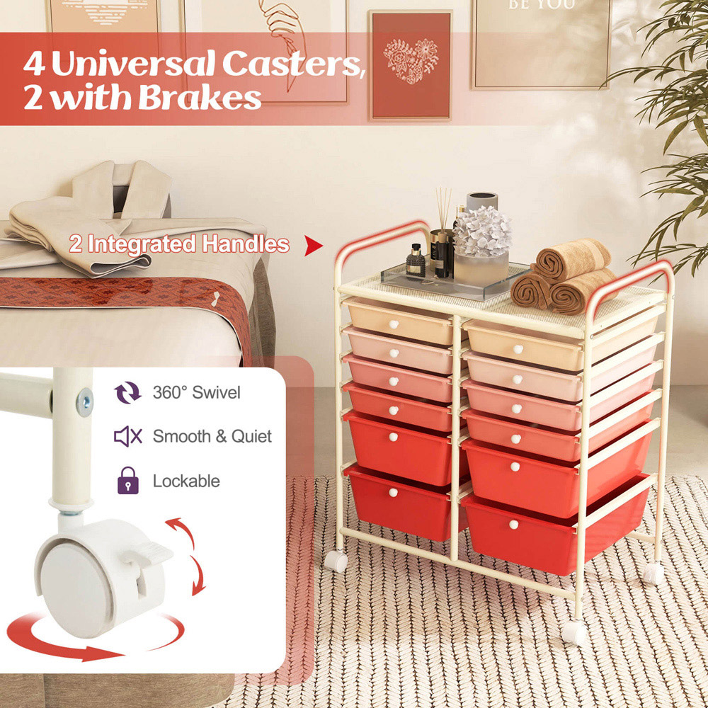 Costway 12 Drawer Gradient Pink Trolley Storage Cart Image 5