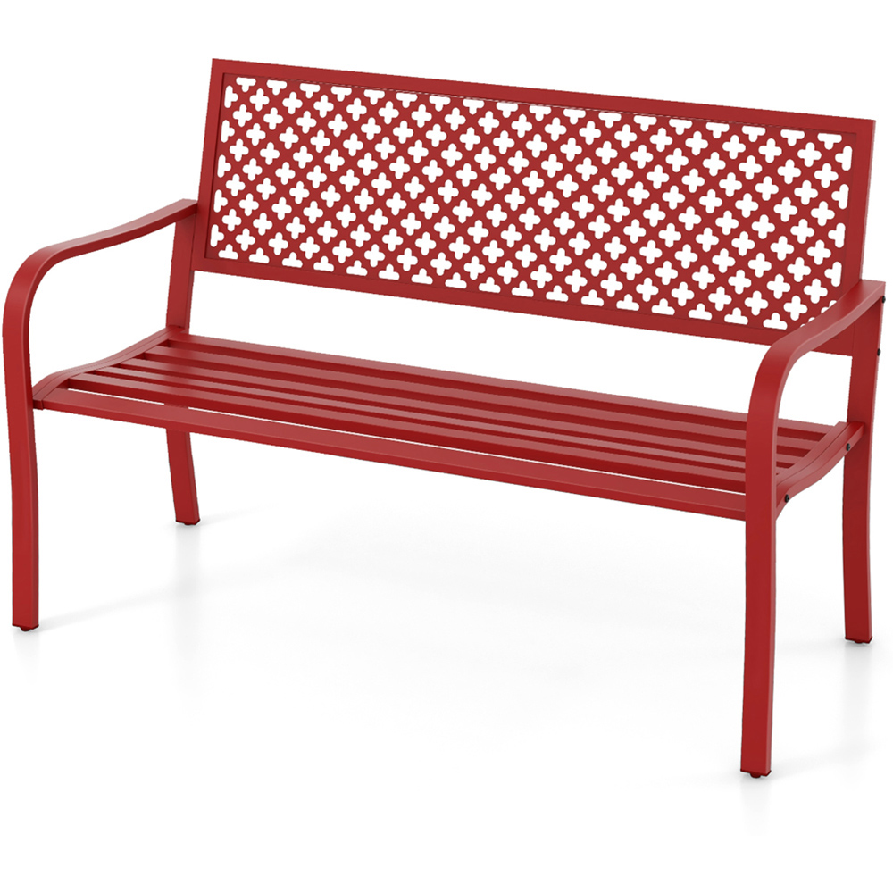 Costway 2 Seater Red Metal Garden Bench with Slatted Seat and Backrest Image 2