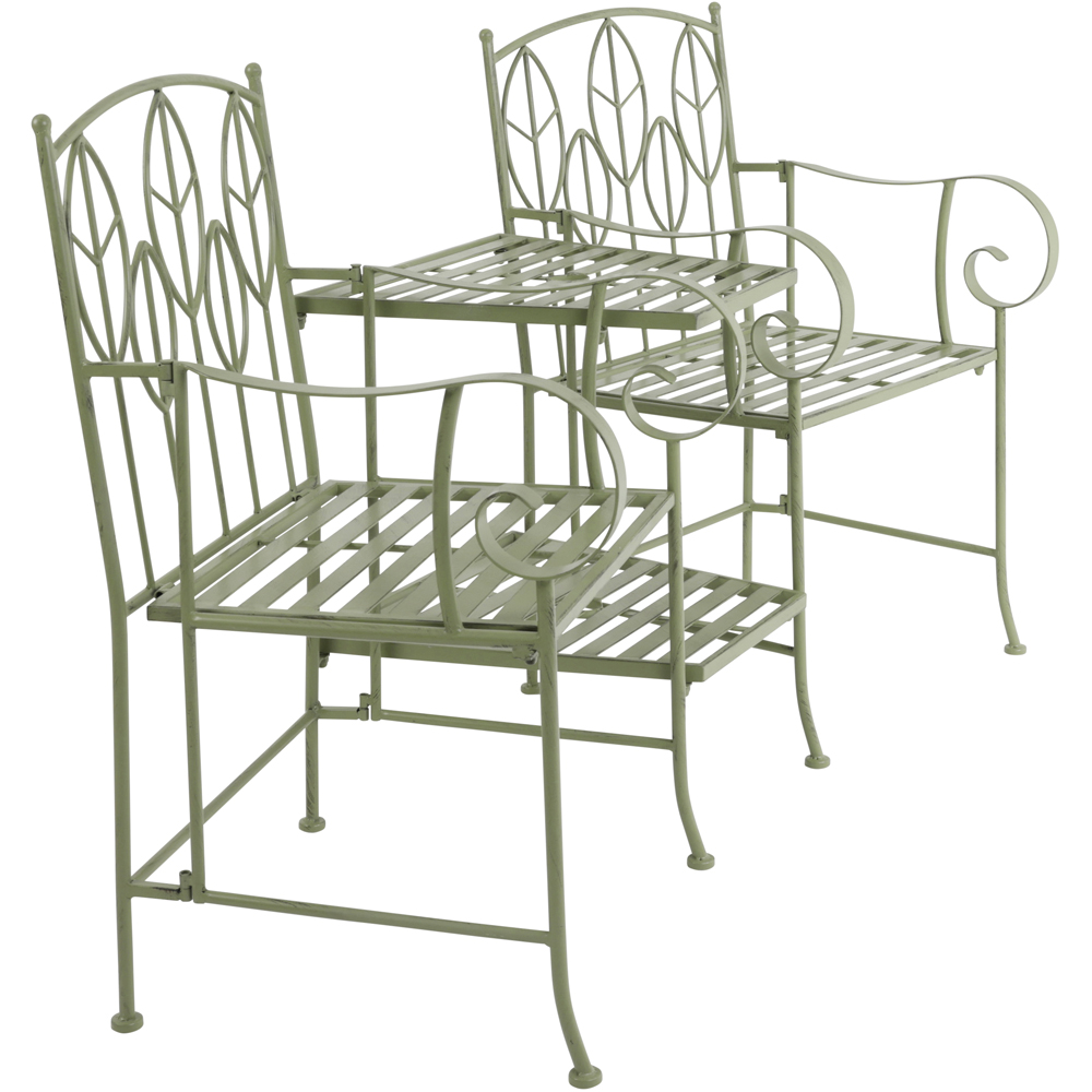 Charles Bentley 2 Seater Sage Green Rustic Metal Leaf Pattern Garden Companion Seat Image 4