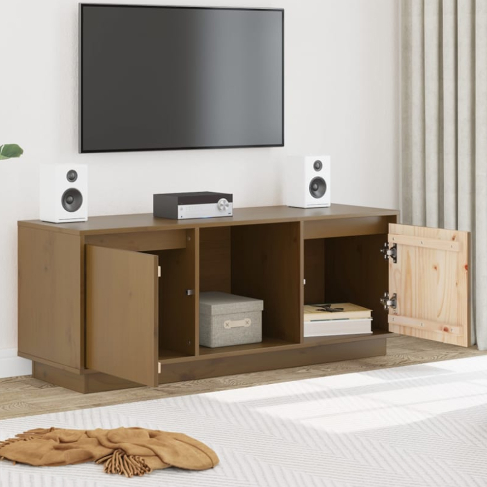 vidaXL 2 Door Single Shelf Honey Brown Solid Pine Wood TV Cabinet Image 1