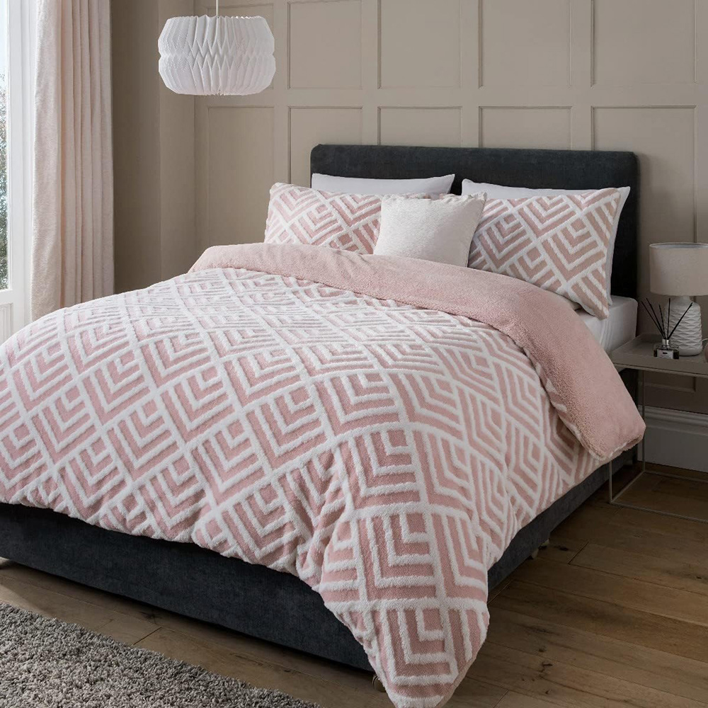 Smart Living King Size Blush Pink Geo Jacquard Fleece Duvet Set Image 6