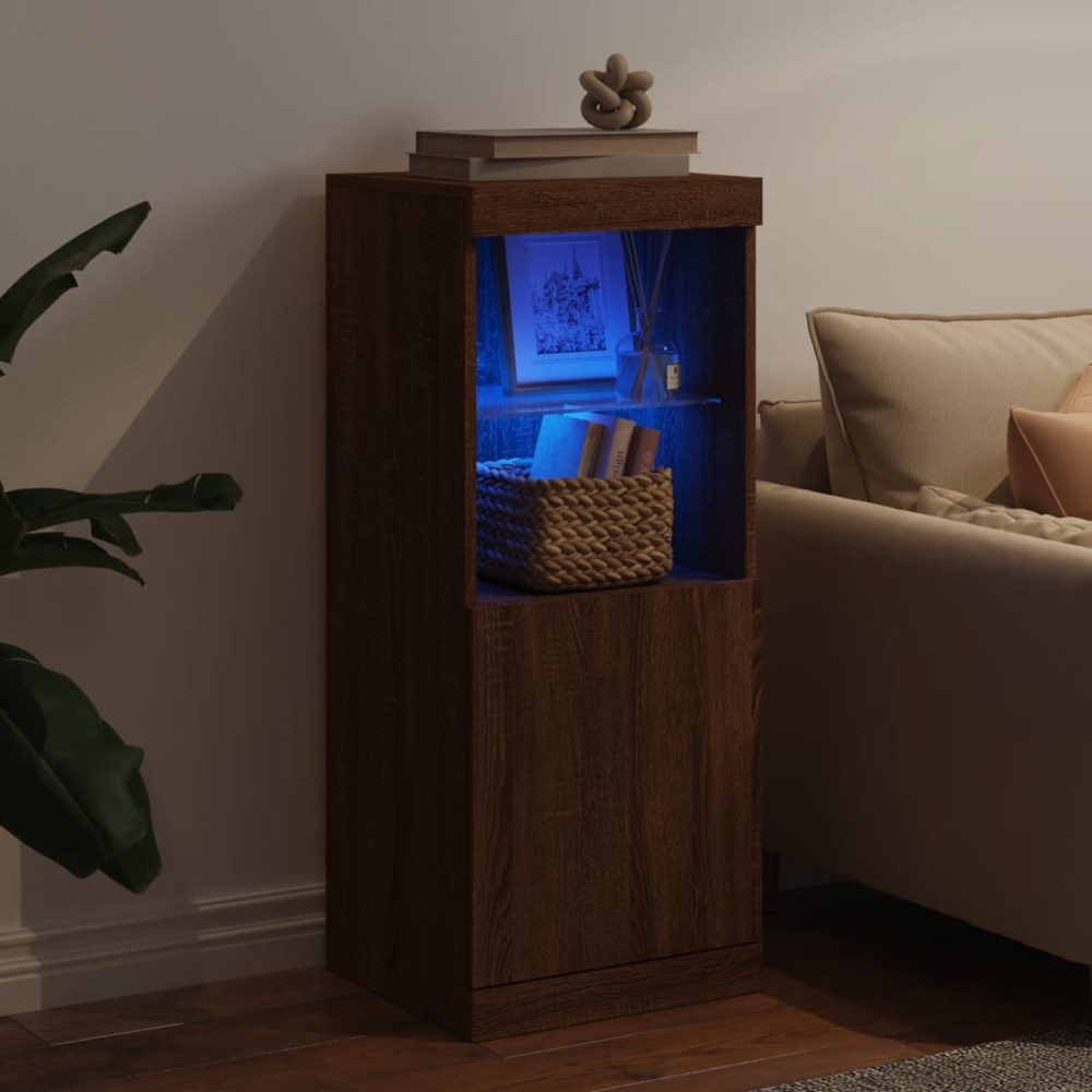 vidaXL Single Door 2 Shelf Brown Oak Sideboard with LED Lights Image 9