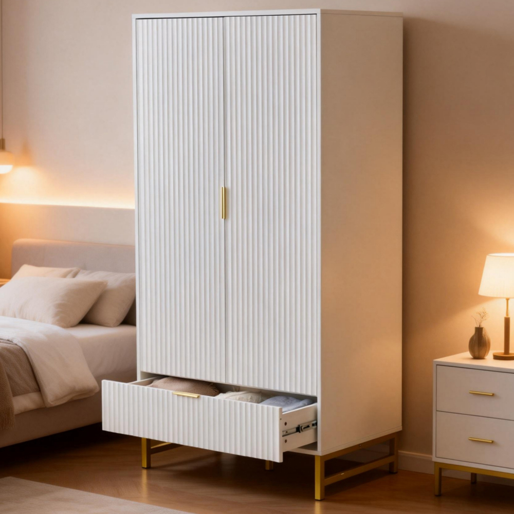 Langham 2 Door Single Drawer Ridged Fluted Wardrobe Image 7