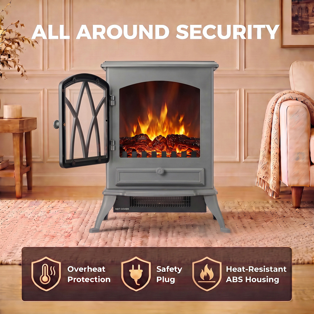 HOMCOM Grey Freestanding Fireplace Log Burner with LED Flame Effect Image 7