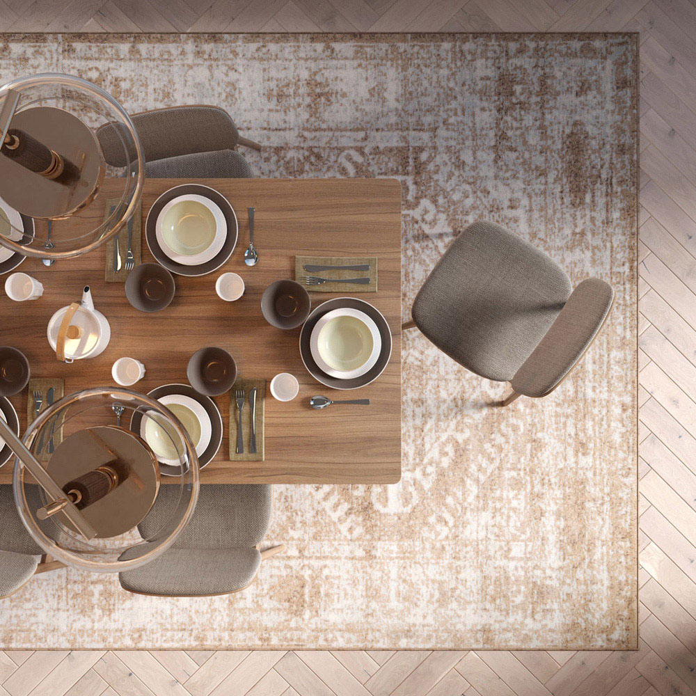 Kukoon Neutral and Beige Bordered Geometric Distressed Rug 110 x 60cm Image 2