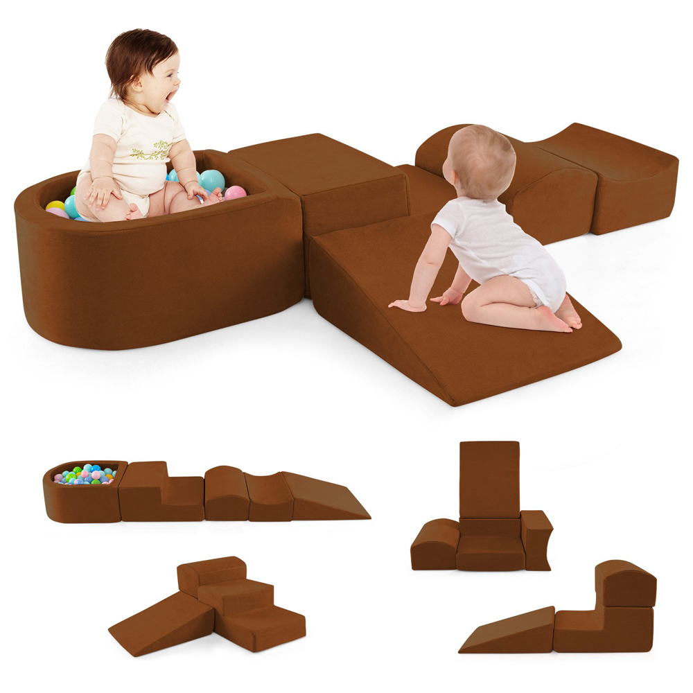 Costway Kids Brown 5 Piece Climb and Crawl Play Set with Ball Pit Image 4