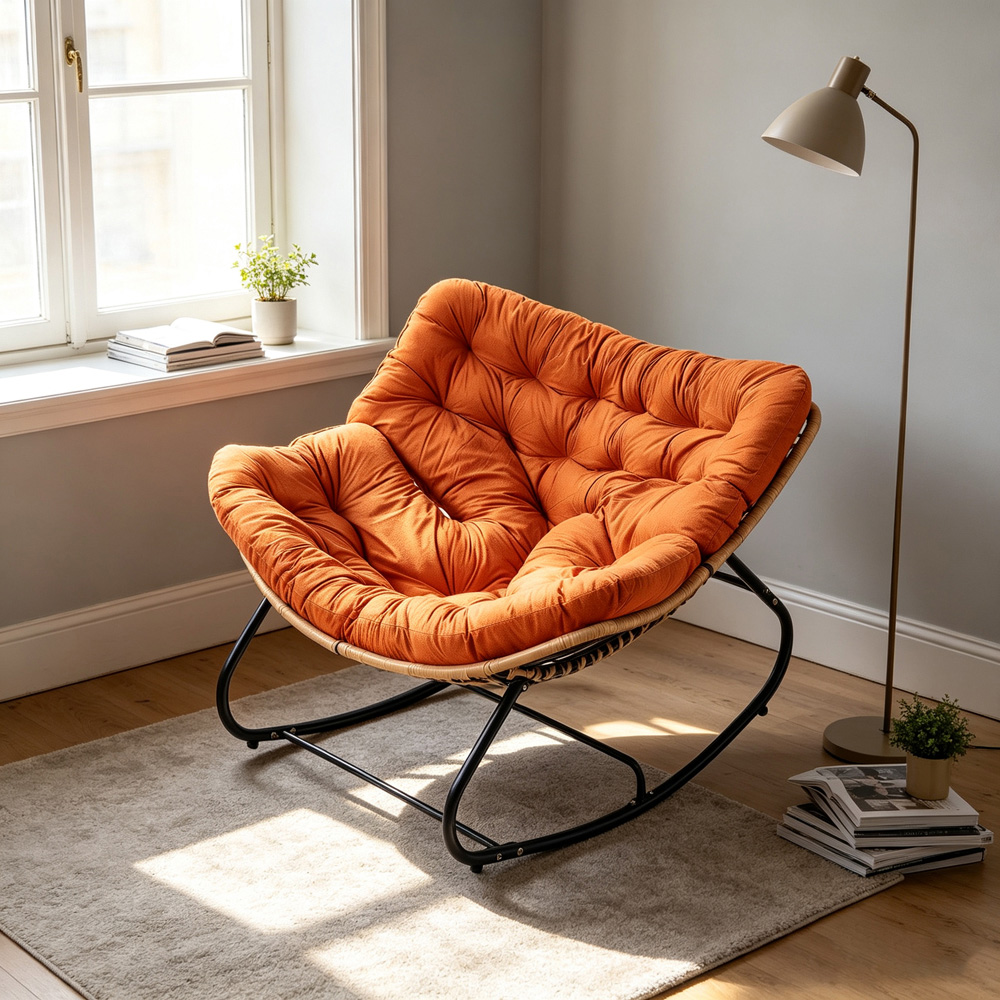 Living and Home Orange Cushion PE Rattan Rocking Chair Image 7