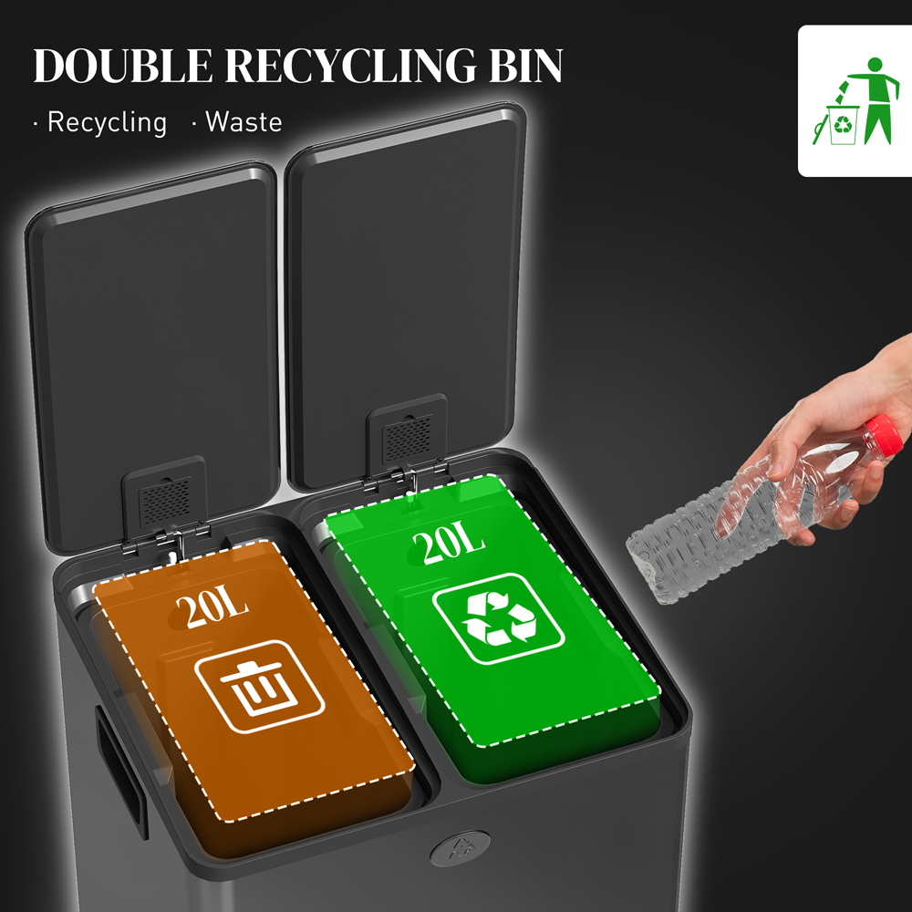 HOMCOM Black Dual Bin Pedal Bin 40L Image 4