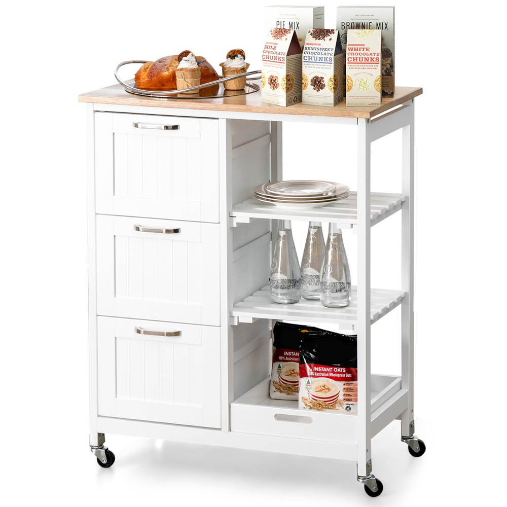 Costway 3 Drawer 3 Shelf White Rolling Kitchen Island Cart Wilko