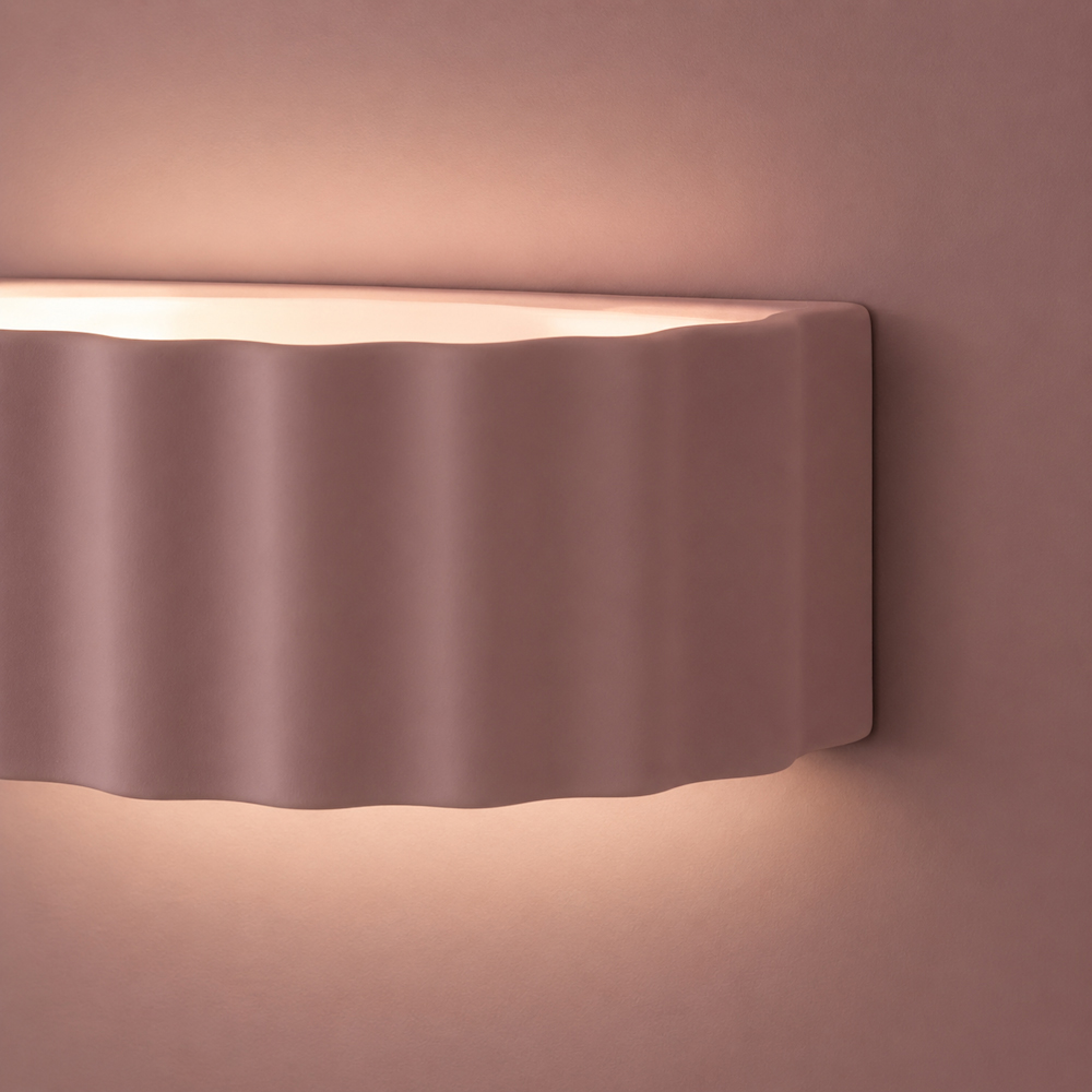 ValueLights Pablo Dusky Pink Ribbed Ceramic Flush Wall Light with Bulb Image 4
