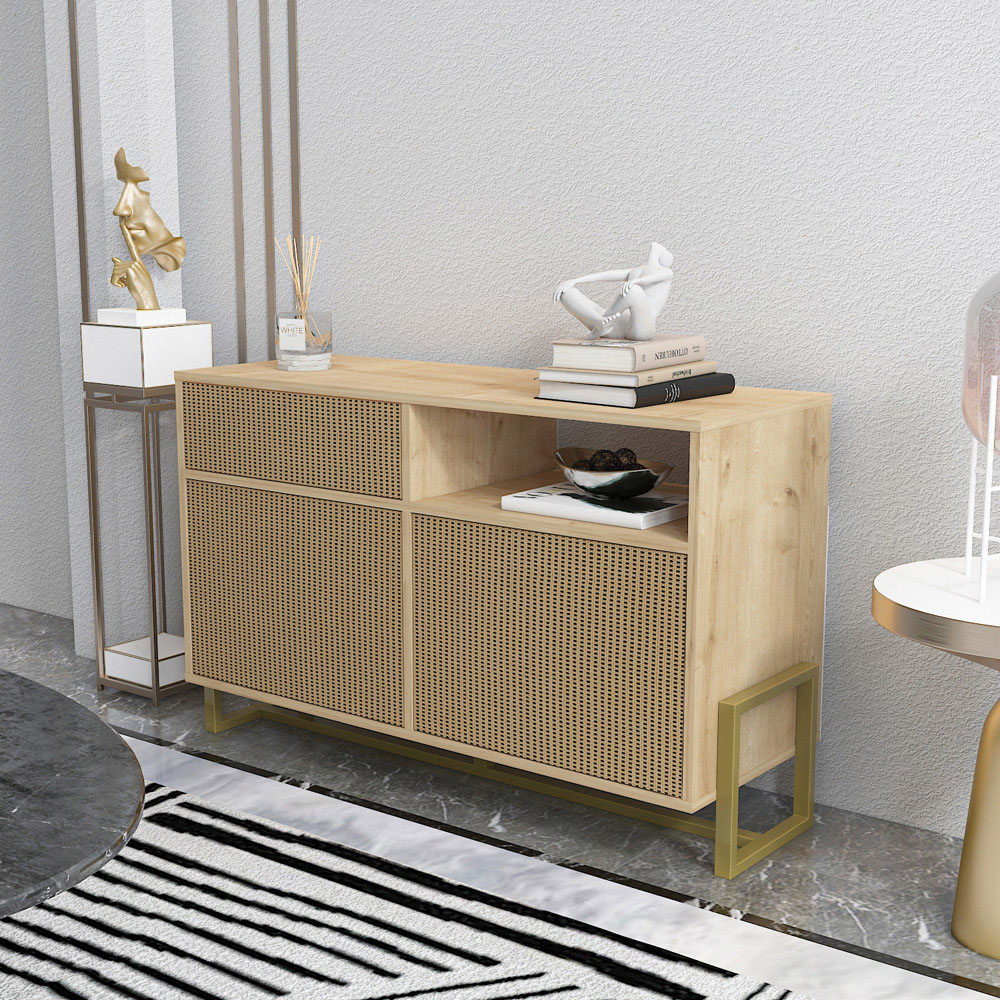 Decorotika Utopie 3 Door Singe Shelf Oak and Rattan Modern Storage Cabinet Image 7