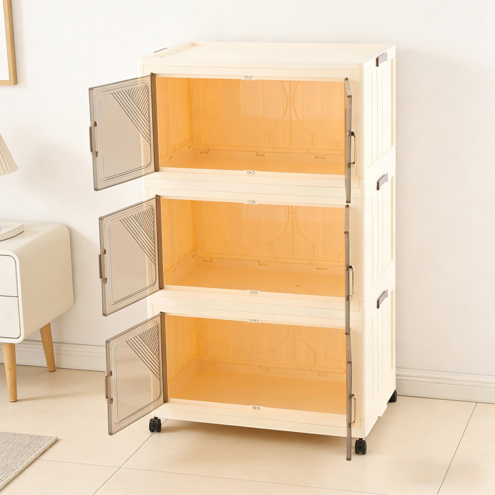 Living and Home 3-Tier Cream and Amber Transparent Foldable Storage Cabinet with Castors Image 7