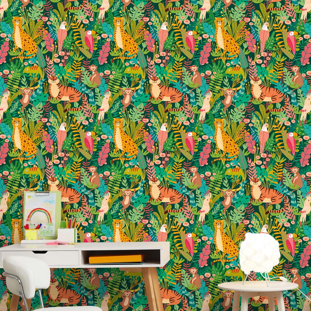 Hoopla Walls Peekaboo Animal Kingdom Lush Forest Wallpaper Image 2