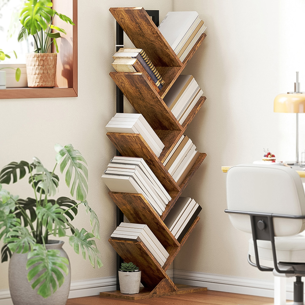 HOMCOM 8 Shelf Rustic Brown Steel Frame Tree Bookshelf Image 1