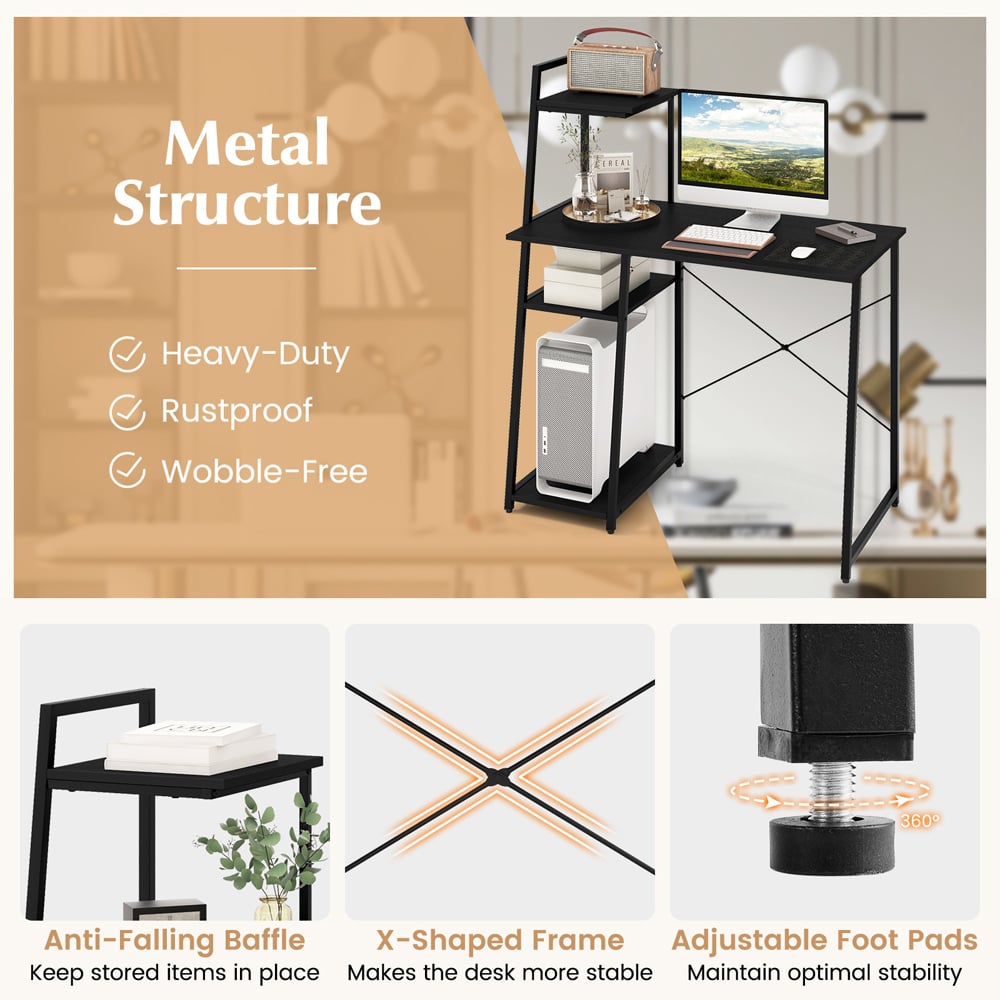 Costway Office Desk with Bookshelf and Host Stand Black Image 8