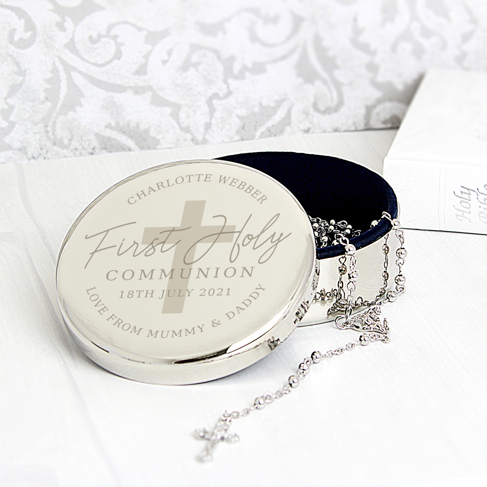 Personalised Memento Personalised First Holy Communion Round Trinket Box and Rosary Beads Set Image 2