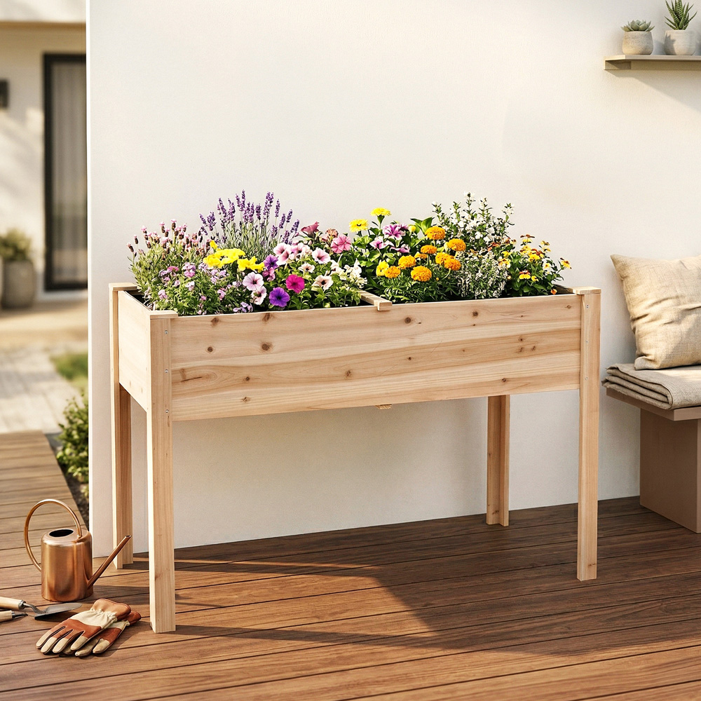 Living and Home Natural Elevated Fir Wood Garden Bed with Drainage Holes Image 2