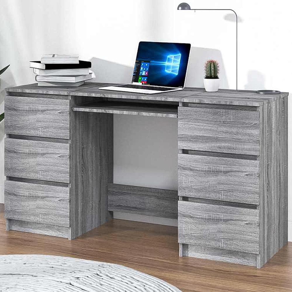vidaXL 6 Drawer Computer Desk with Keyboard Tray Sonoma Grey Image 1