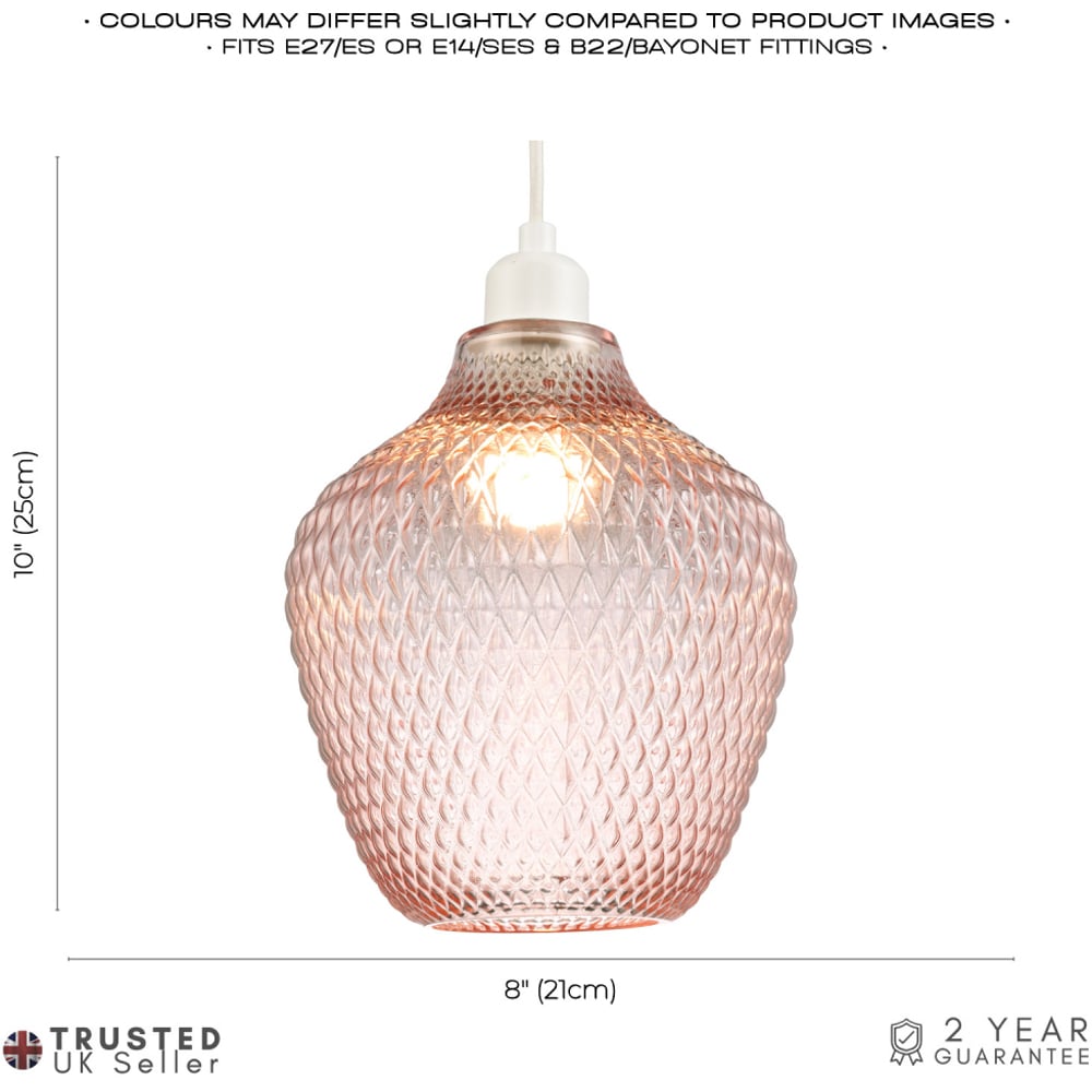 Happy Homewares Soft Blush Pink Curvy Diamond Etched Glass Pendant Shade Image 7