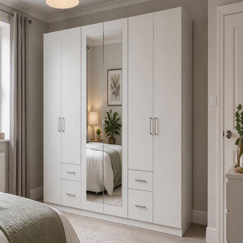 TJ'S Fly 6 Door 4 Drawer Wide Wardrobe with Mirror Image 1