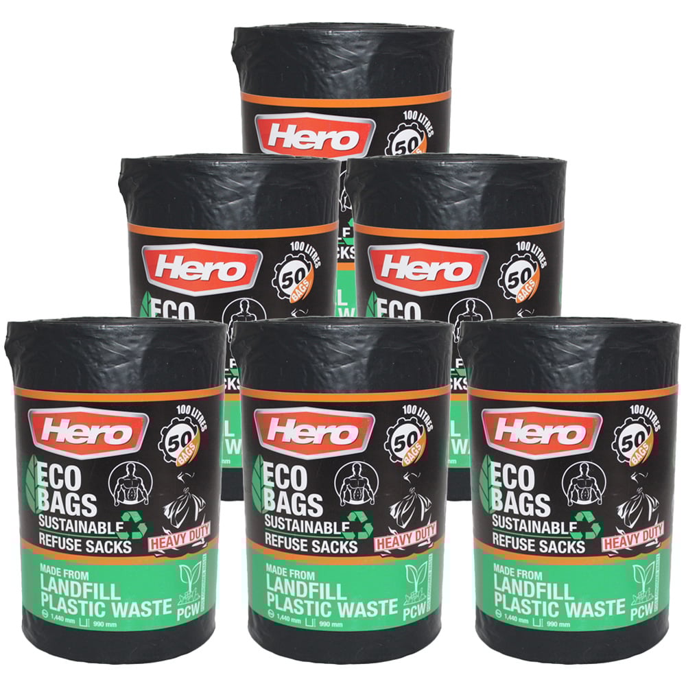 Hero Eco Heavy Duty Bin Bags Black 100L 300 Pack Image 1