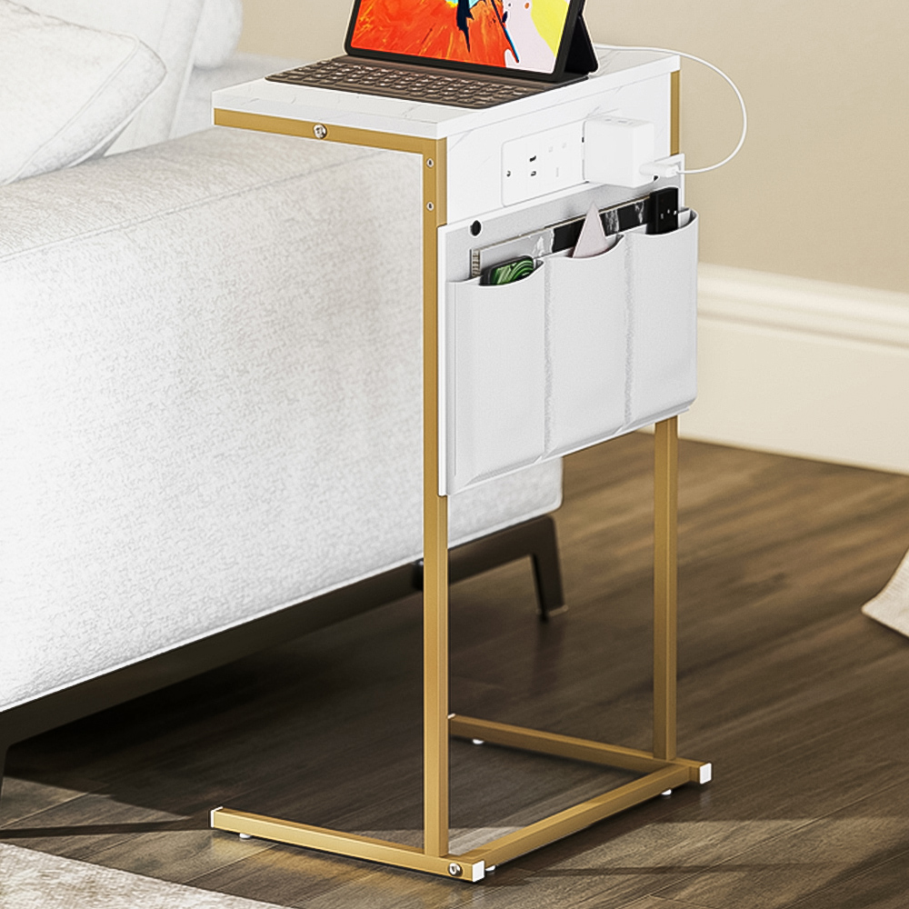 HOMCOM White and Gold C Shaped Bedside Table with Charging Station Image 1