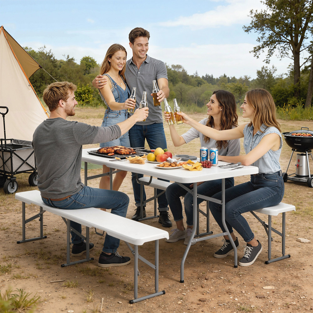 Outsunny 6 Seater White Foldable Picnic Table and Bench Set with Handles Image 3
