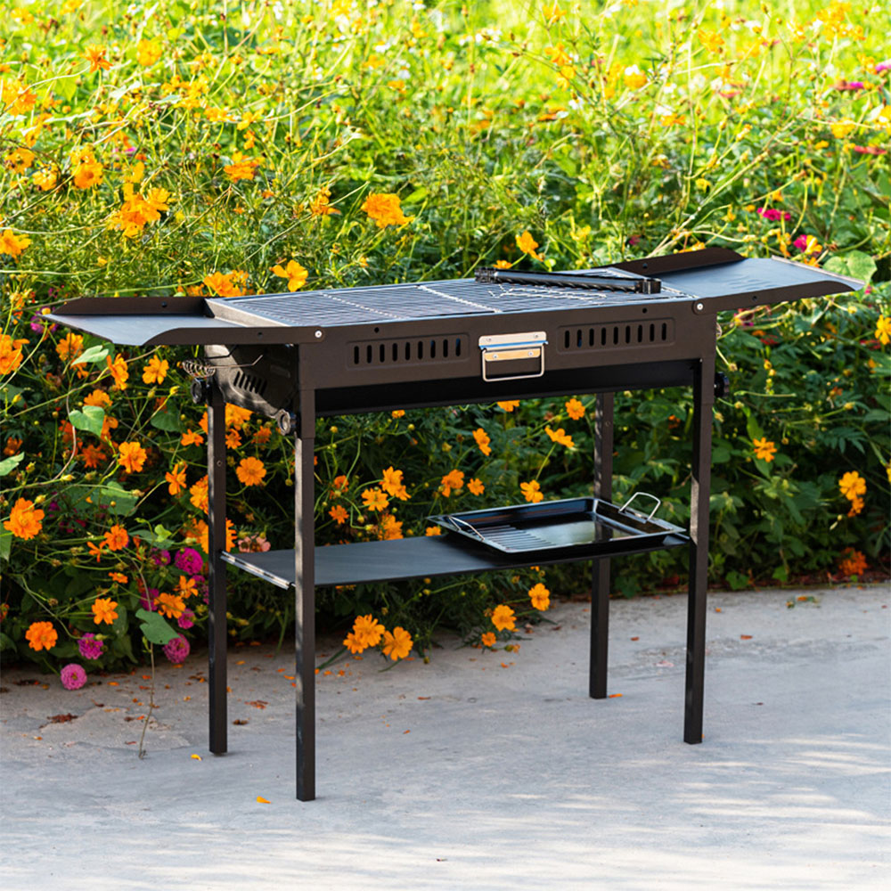 Living and Home Black Portable Outdoor Charcoal Grill with Folding Side Table Image 2