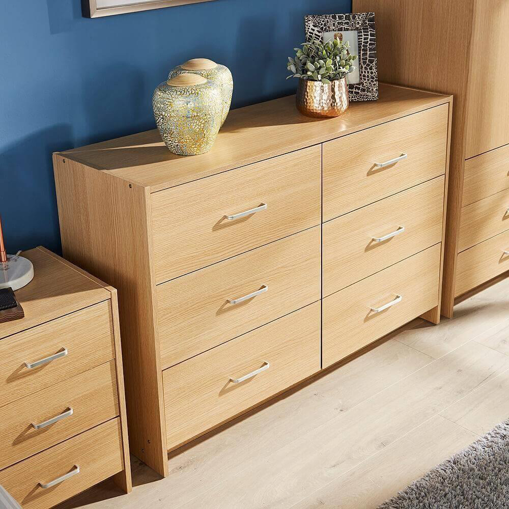 Home Source Stratford 6 Drawers Oak Effect Wide Chest of Drawers Image 6