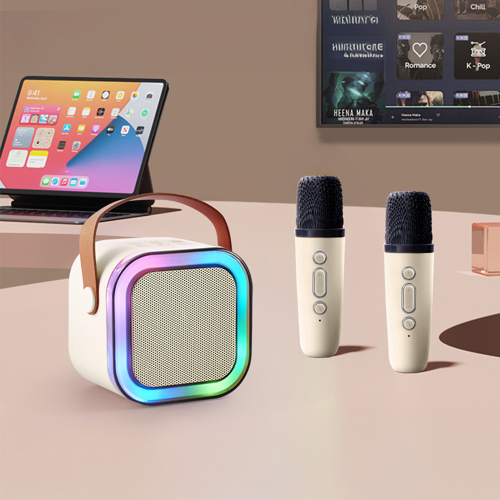 H&O Direct White Portable Karaoke Machine Microphones with Sound and Light Effects Image 2