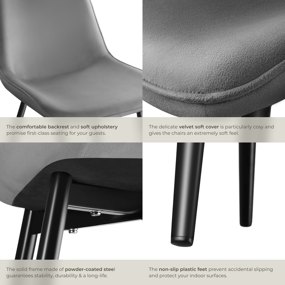 tectake Monroe Set of 4 Grey Velvet Padded Dining Chair Image 5