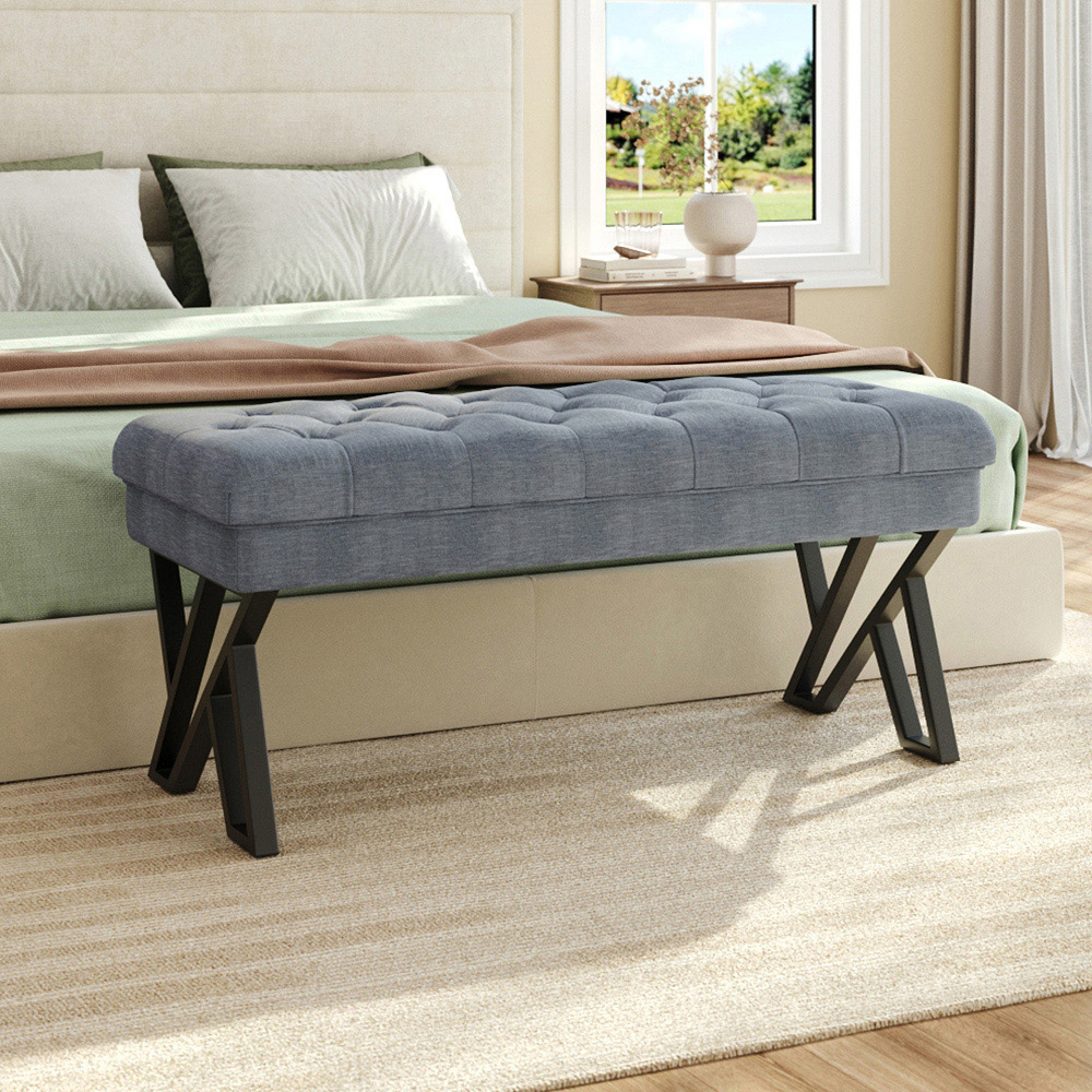 Living and Home Grey Mid Century Metal Upholstered Bench with Metal Legs Image 3