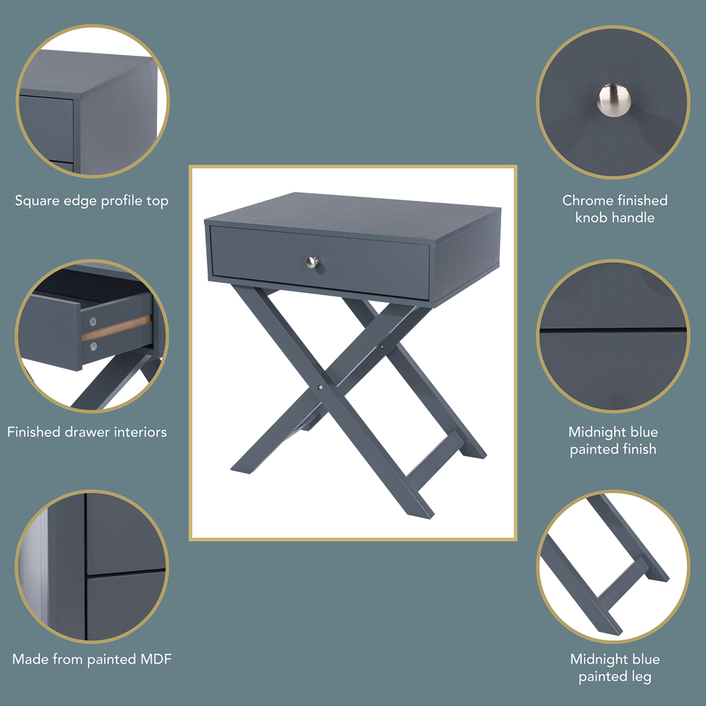 Leighton Single Drawer Midnight Blue X leg Bedside Table Image 7