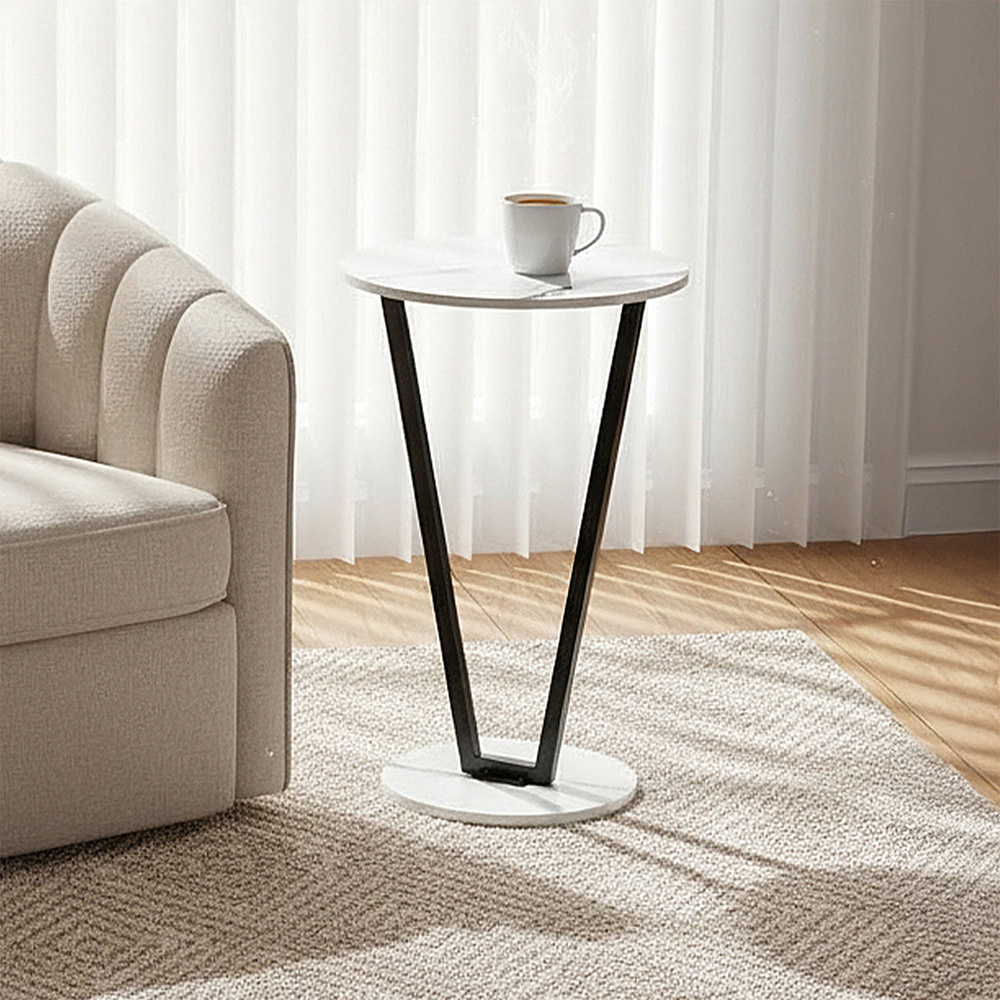 Living and Home White Marble Effect Round Side Table with Steel Frame Image 7