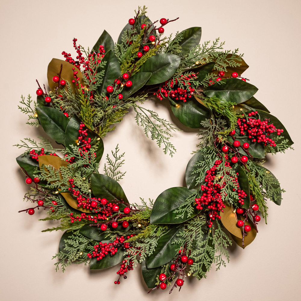 The Christmas Centre 50 Warm White LED Pre-Lit Magnolia Berry Wreath 66cm Image 2