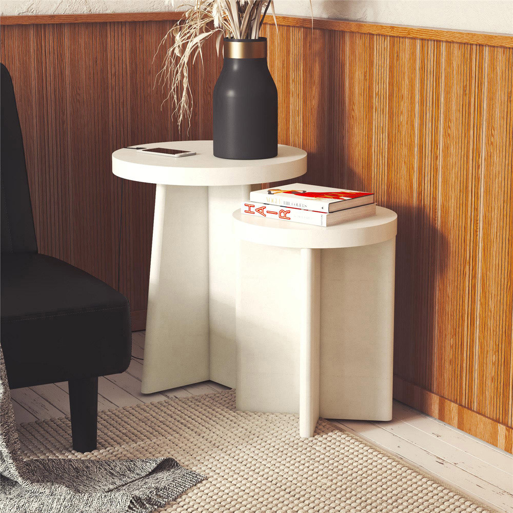 Dorel Liam Cream Round Plaster End Tables Set of 2 Image 8