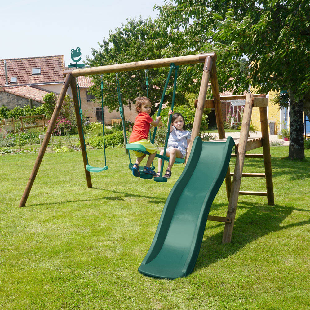 Soulet Figue Kids Wooden Triple Swing Set with Slide Image 2